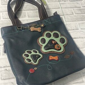 Chala Textured dark Navy tote Bag with Brown Trim. Dog Paws: New with tags.